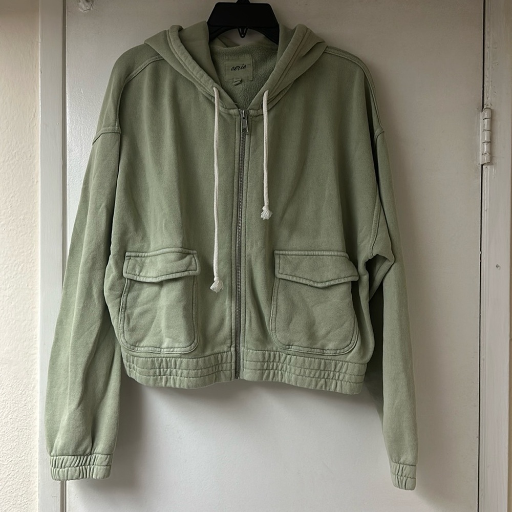 Aerie Soft Green Hooded Cropped Sweater Large